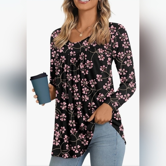 Long Yuan Tops - Black Pink Floral V-Neck Long Sleeve Top Medium Soft Stretch Everyday Casual